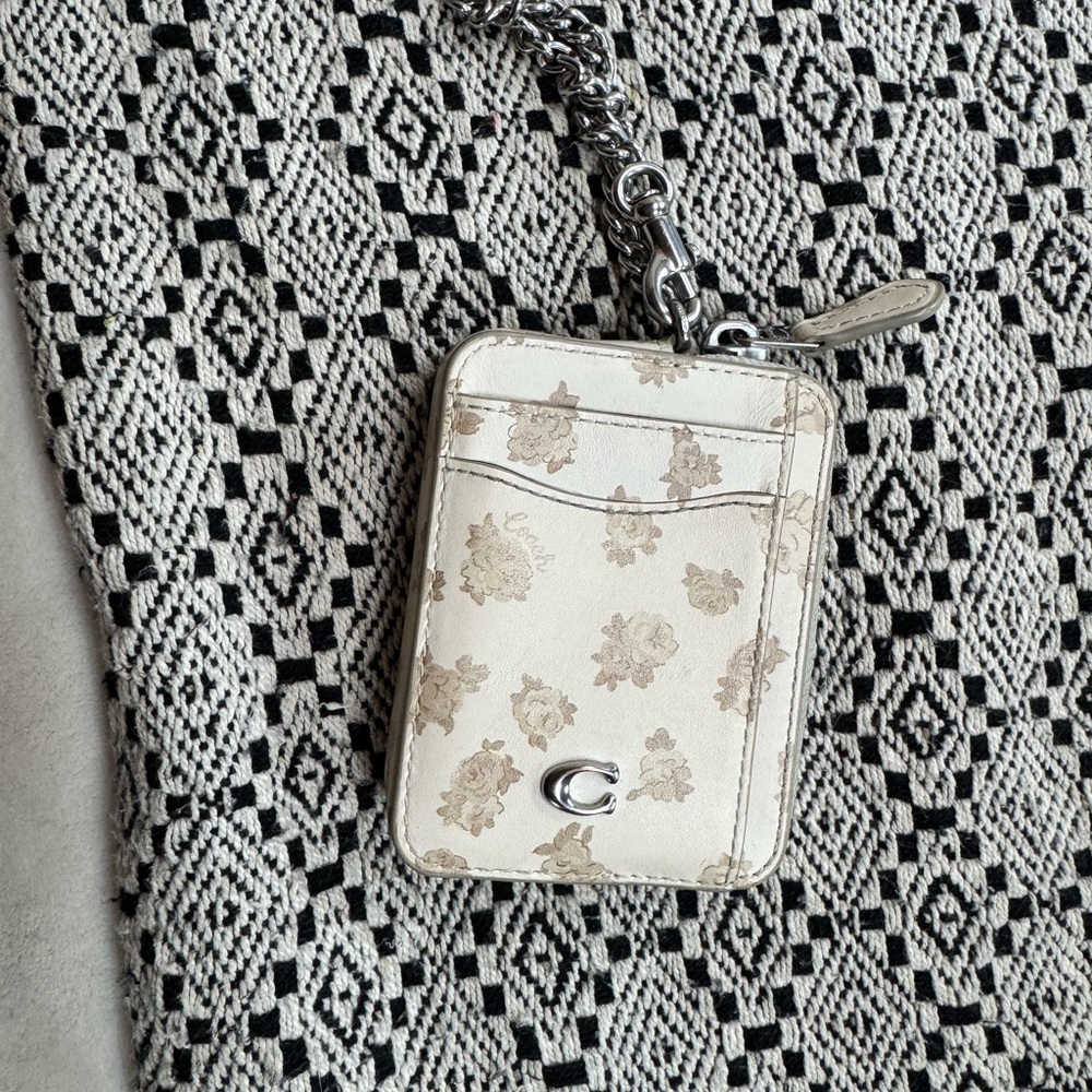 Coach Cream Floral Card Holder with Silver Chain Charm